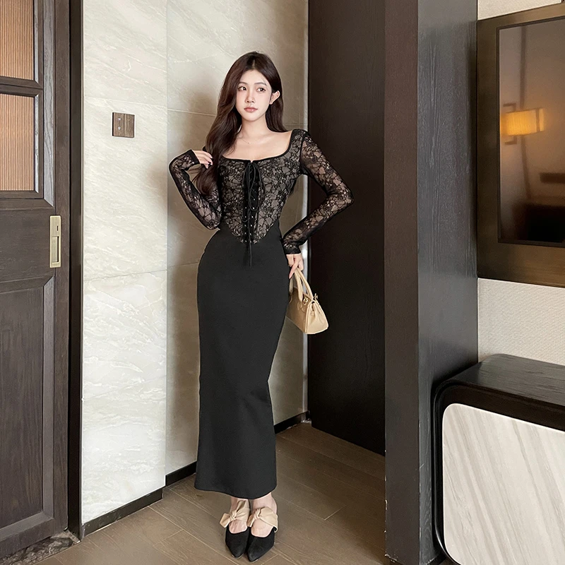 【宝藏衣橱上新】御姐风蕾丝拼接绑带长袖开叉连衣裙收腰显瘦包臀裙