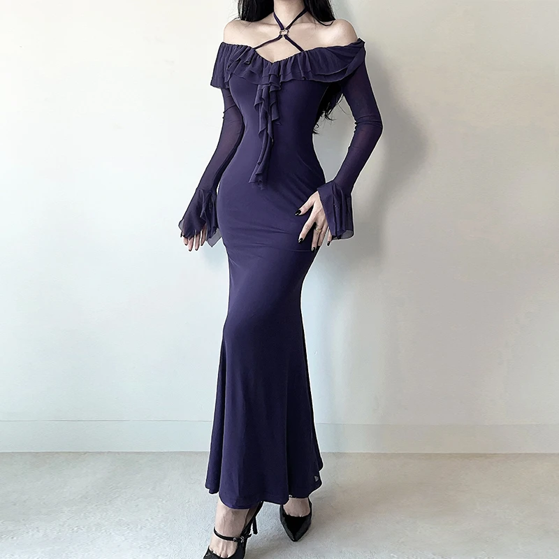纯欲露肩网纱长袖连衣裙2024秋季新款收腰荷叶边设计感包臀长裙