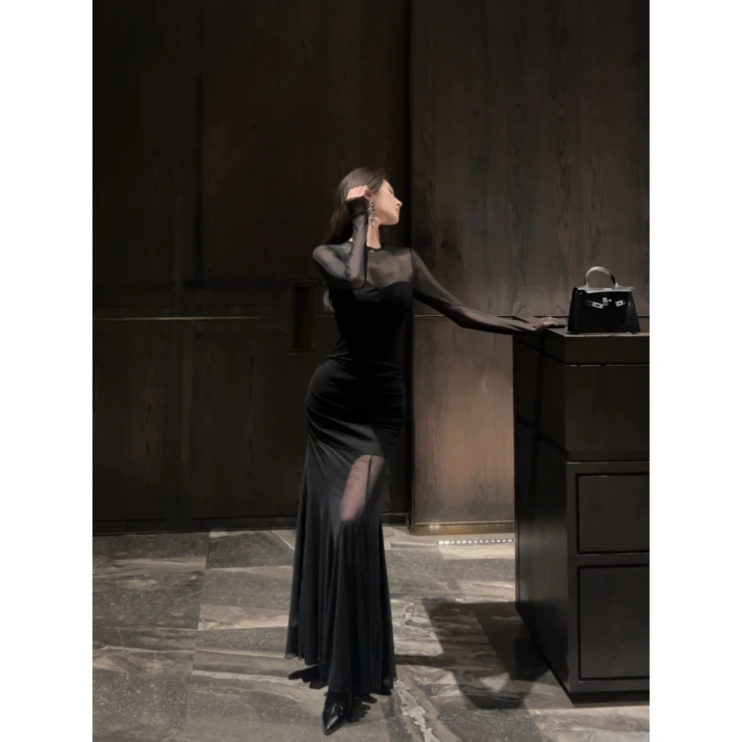 法式御姐风网纱长袖连衣裙新款内搭优雅气质收腰显瘦包臀长裙