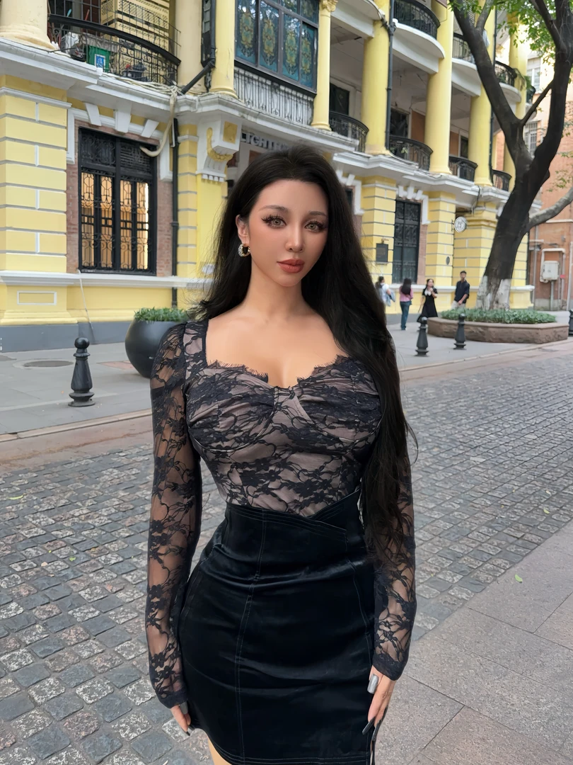 蕾丝拼接长袖内搭上衣半身裙套装小众设计感性感御姐气质两件套