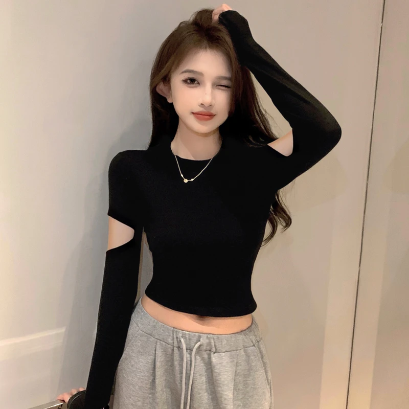 螺纹黑色半高领打底衫女春秋内搭设计感长袖t恤细织紧身短款上衣