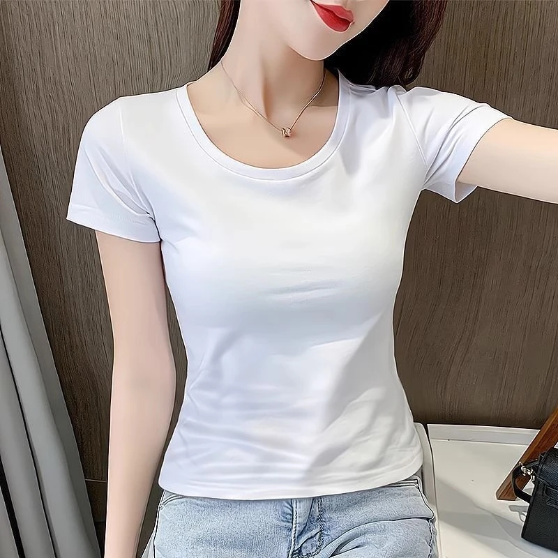 圆领短袖t恤女黑色修身2024夏季新款棉质瘦V领白色紧身薄款上衣