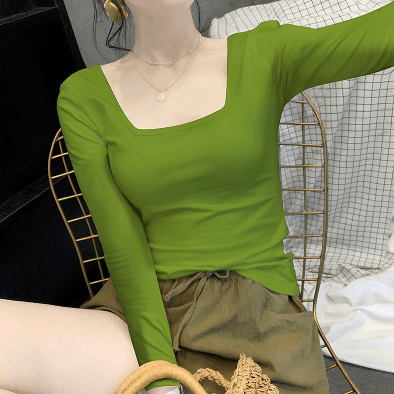 栖纪 绿色方领打底衫女春秋内搭2024年新款低领设计感长袖洋气上衣棉质