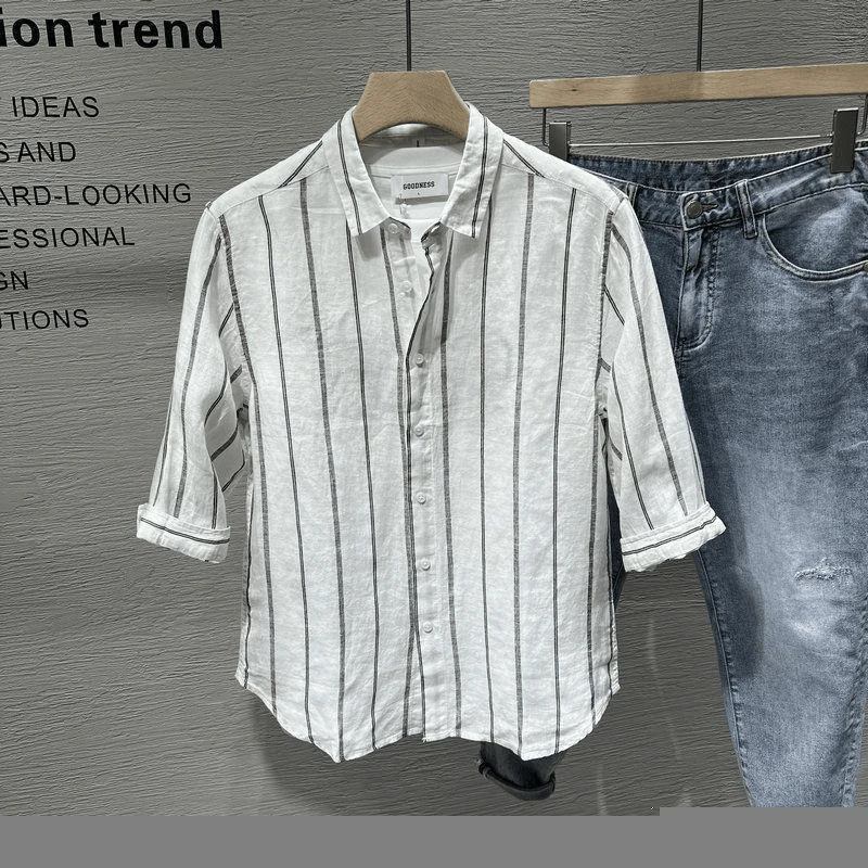 2024夏季复古条纹中袖衬衫男韩版休闲翻领薄款七分袖衬衣男士潮流