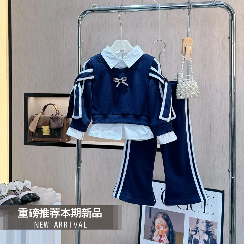 【现货】女童套装春装新款洋气女孩春款卫衣儿童衬衫领网红假两件套
