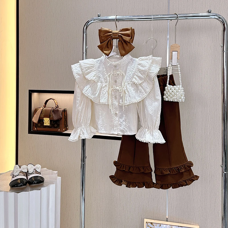 儿童衬衫上衣蕾丝童装女童白色秋季绣花重工娃娃领时尚泡泡袖洋气