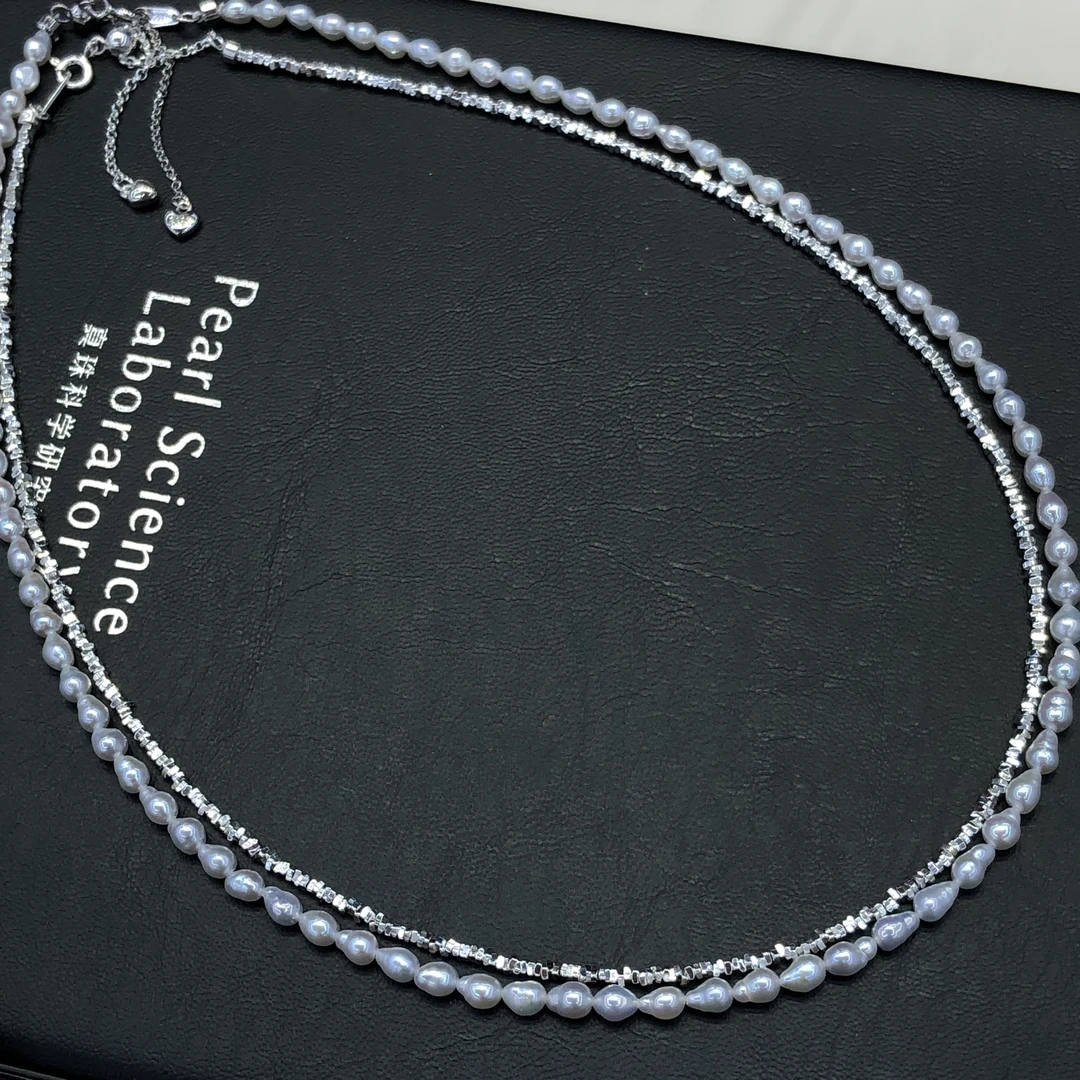 时宜珠宝 淡水巴洛克碎银子双层项链3-4mm珍珠s925银一款多戴锁骨