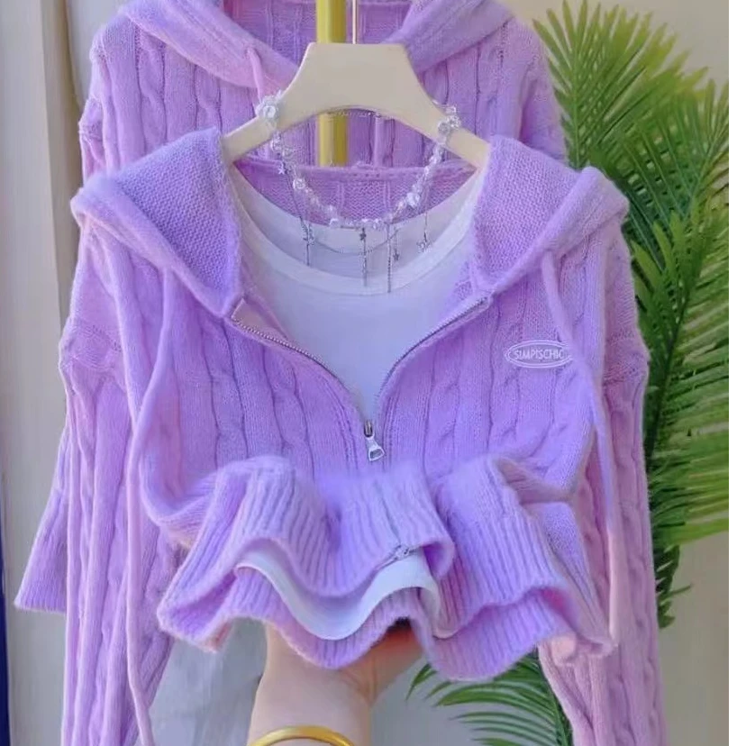 慵懒连帽拉链抽绳麻花针织毛衣开衫小个子洋气秋冬短款新款外套