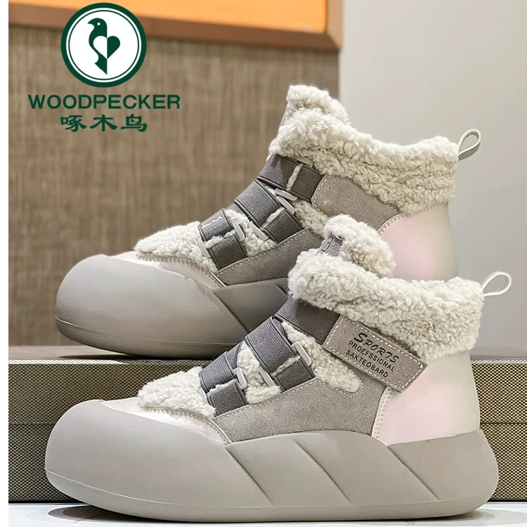 啄木鸟雪地靴女冬季2024新款魔术贴高帮厚底加绒短靴爆款保暖棉鞋