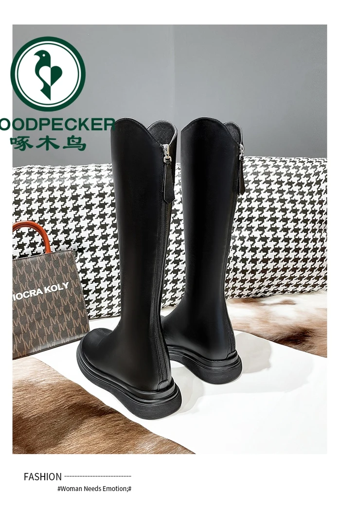 啄木鸟显瘦长筒靴女秋冬2025新款厚底高筒靴时尚百搭骑士平底长靴