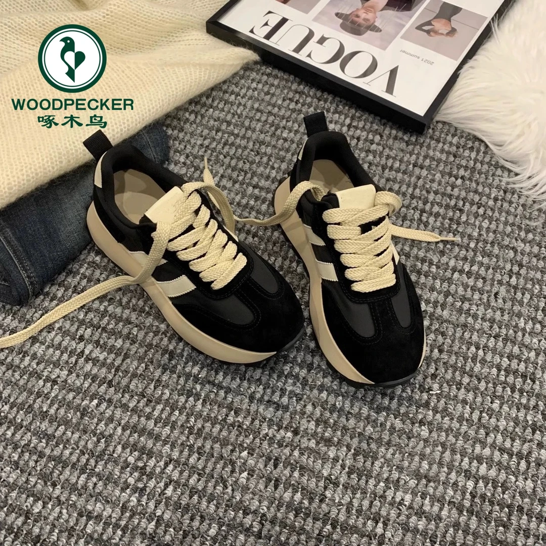 啄木鸟美拉德拼色运动阿甘鞋女2025秋冬季新款百搭休闲厚底老爹鞋