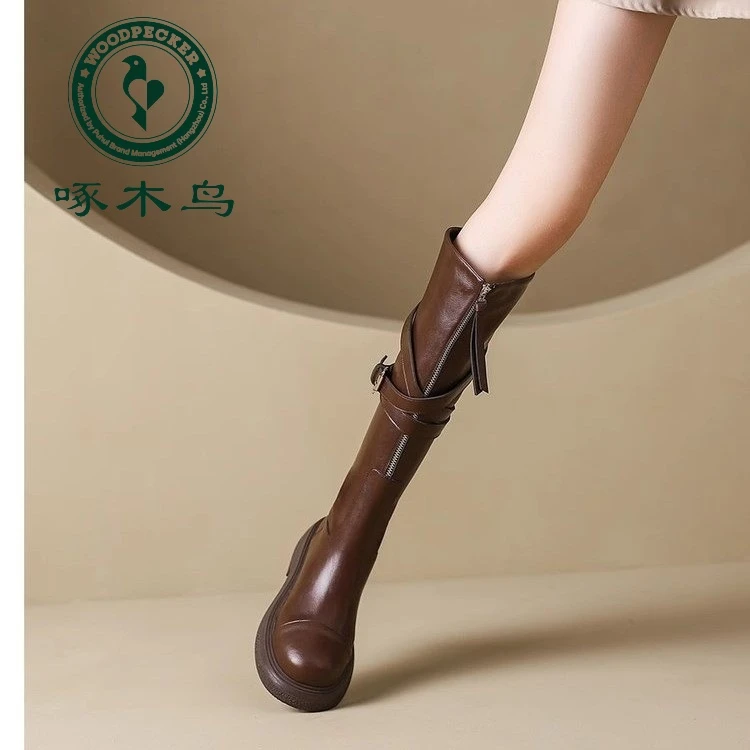 啄木鸟厚底长筒靴女英伦风骑士靴复古翻折秋冬季美拉德机车长靴