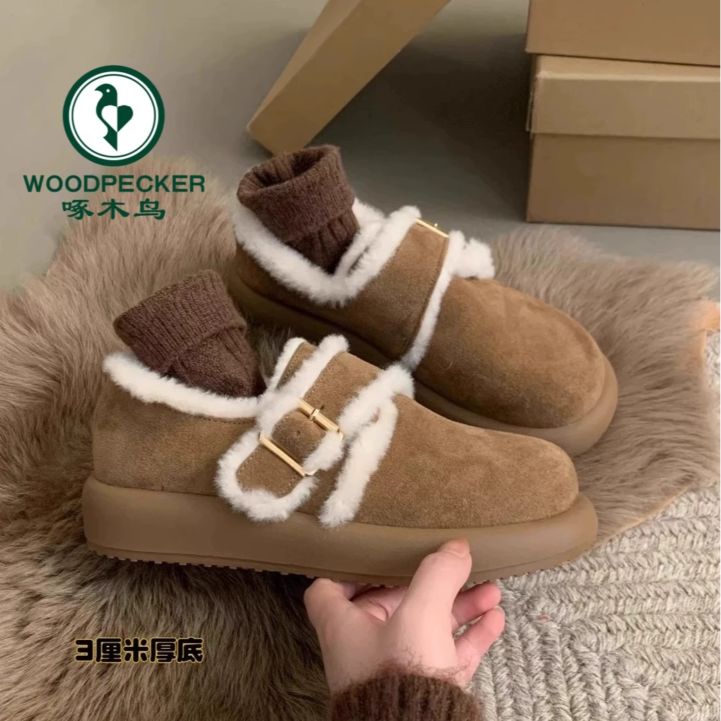 啄木鸟厚底玛丽珍博肯毛毛鞋女冬2024新款加绒勃肯鞋豆豆棉鞋子