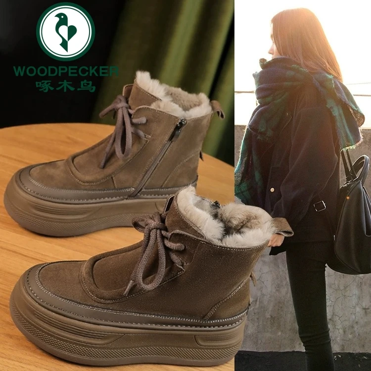 啄木鸟厚底增高雪地靴女2023秋冬季新款防滑加绒保暖马丁短靴棉鞋