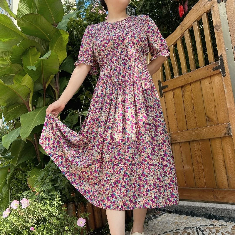 棉绸连衣裙女夏季收腰显瘦V领碎花连衣裙人造棉大裙摆沙滩裙轻薄