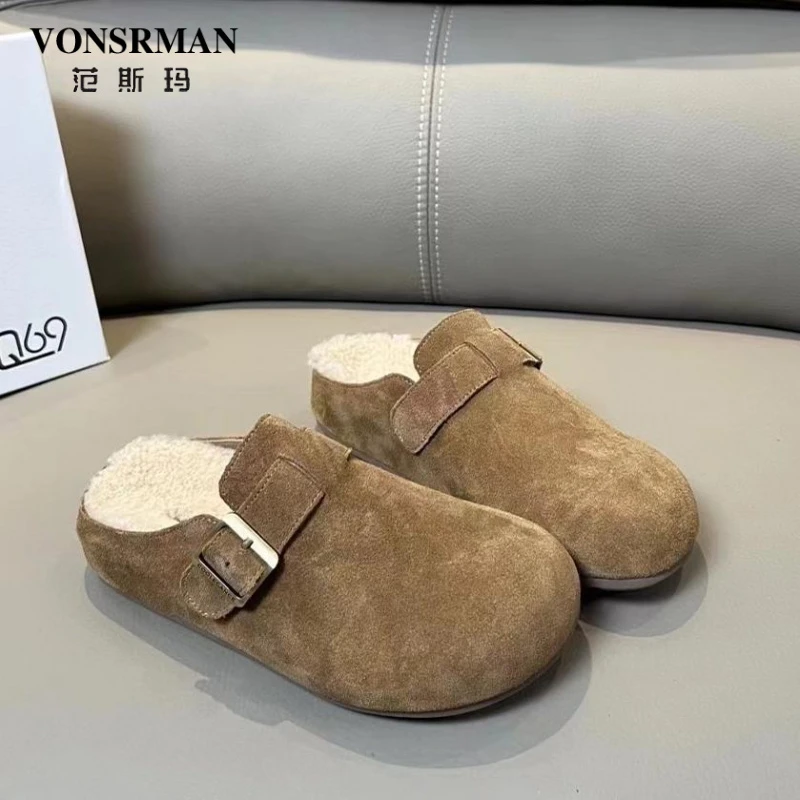 磨砂牛皮包头半拖鞋女士2024秋冬新款外穿真皮毛毛勃肯拖鞋潮时尚