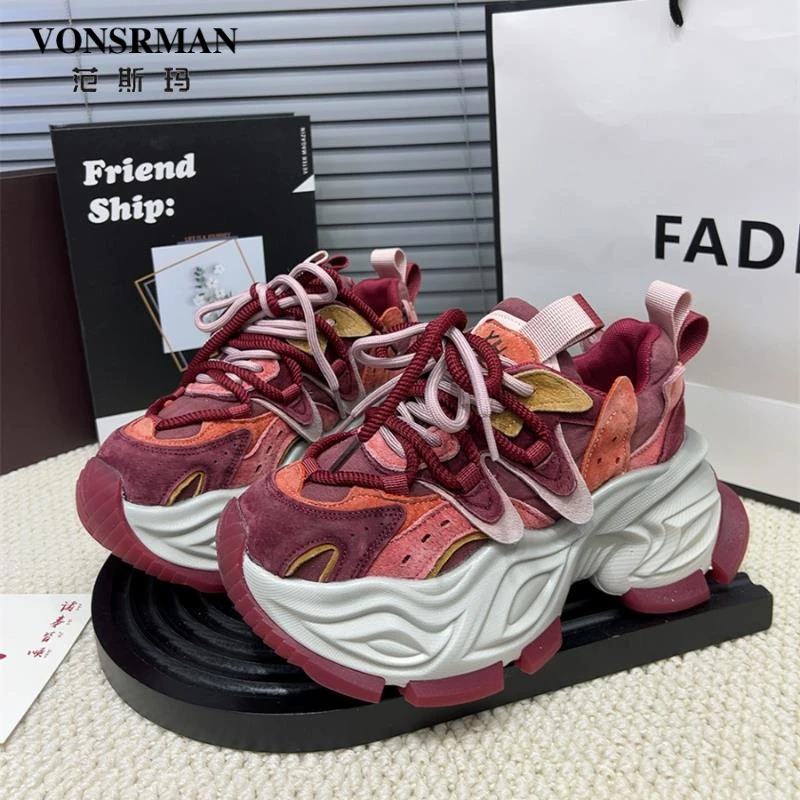 欧货磨砂皮厚底女2024新款显脚小增高2025炸街老爹鞋女款