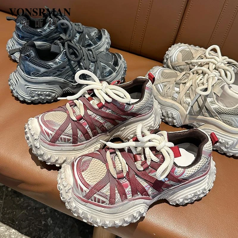 厚底蜘蛛老爹鞋女2024早秋新款复古做旧百搭榴莲底休闲运动脏脏鞋