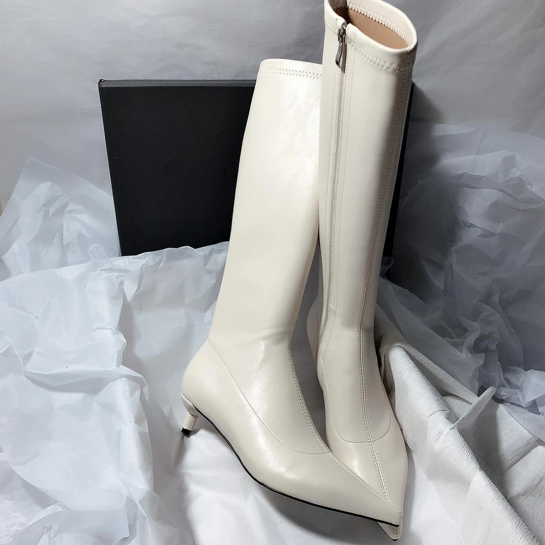 弥笛长筒内增高尖头细跟侧拉链高端中跟长靴优雅细跟时装靴高跟