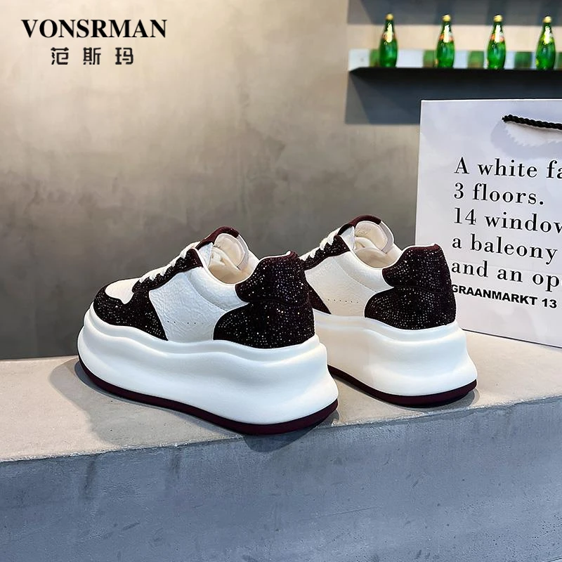 欧货爆款黑白熊猫满钻小白鞋子女款真皮厚底百搭学生运动休闲板鞋