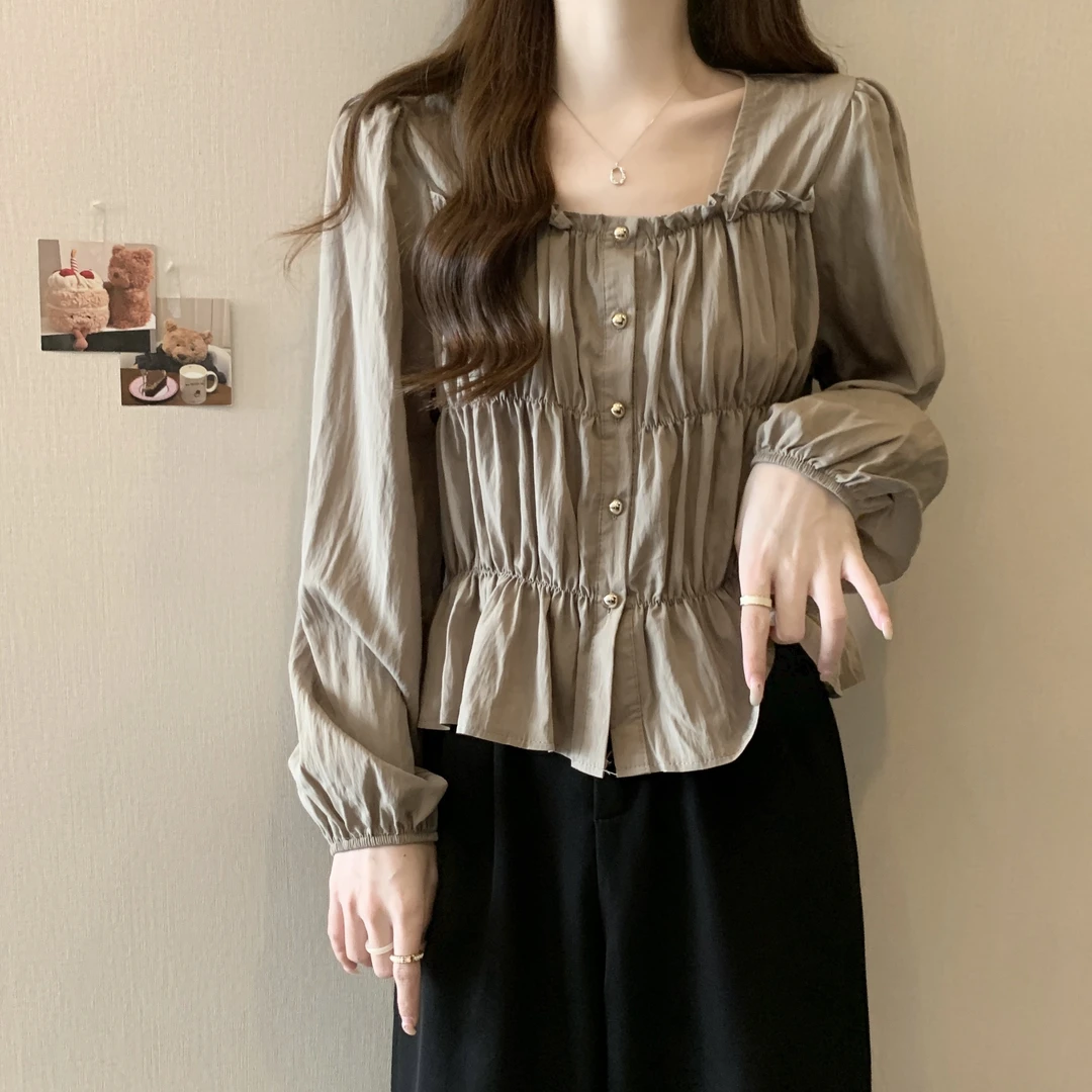 大码女装休闲褶皱拼接单排扣打底衫秋季胖MM方领甜美气质衬衫上衣