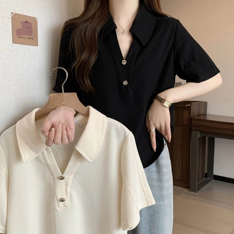 大码女装复古POLO领收腰显瘦T恤夏季新款胖妹妹休闲上衣打底衫潮