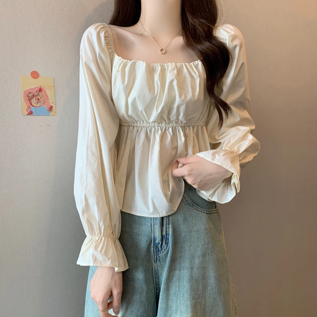 大码法式泡泡袖设计感方领上衣秋季胖妹妹长袖别致小衫收腰衬衫女