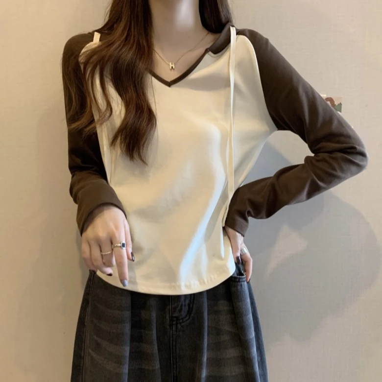 大码女装韩版连帽拼色长袖显瘦上衣秋冬胖妹妹遮肚子打底衫V领T恤