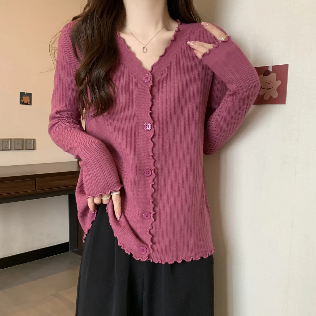 早秋大码女装显瘦长袖上衣胖MM木耳边v领针织开衫外套打底衫女潮