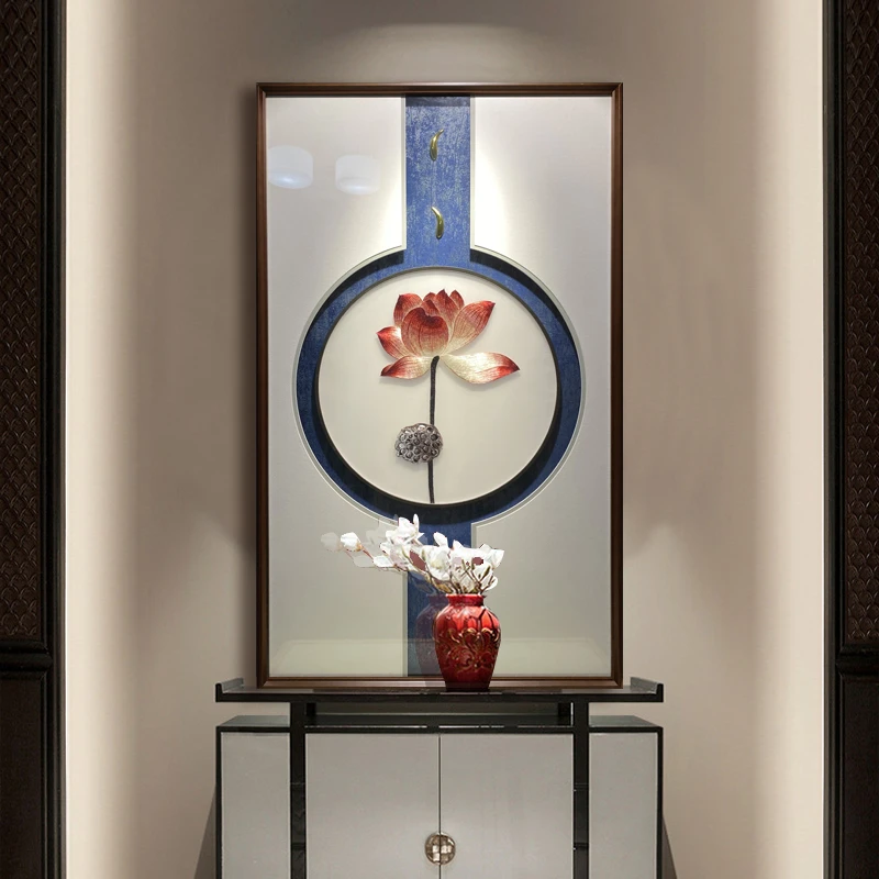 高档入户玄关挂画新中式走廊轻奢墙壁画客厅软装饰画手工荷花苏绣