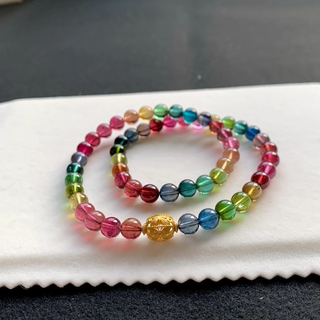 浓艳彩虹色标碧玺双圈女款时尚百搭多层彩色珠珠五彩单圈