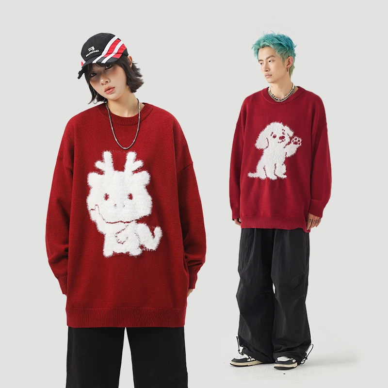 仿水貂绒小狗提花宽松休闲针织套头落肩毛衣 情侣款