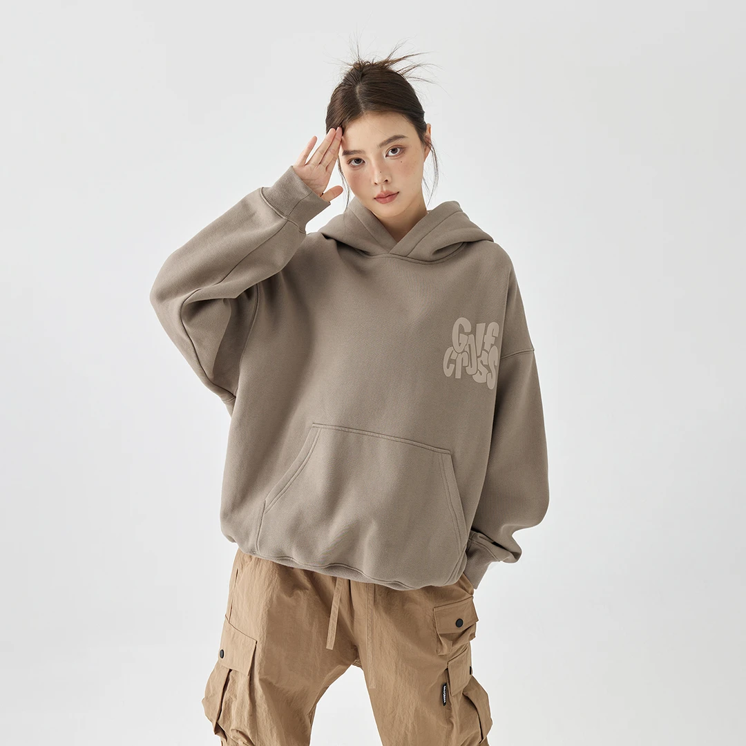 GOLFCROSS发泡字母印花连帽卫衣运动新品情侣纯色休闲口袋上衣