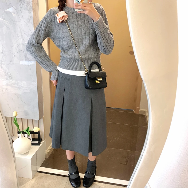 「知识份子风」 遮胯显瘦灰色半身裙女春秋中长款西装半身裙子