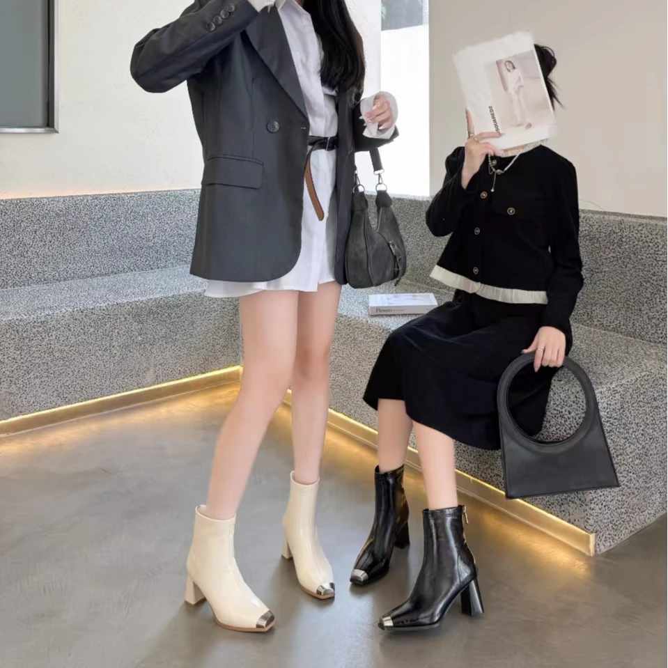 【路遥专属】简约粗跟短靴韩版新款软皮高跟瘦瘦靴后拉链及裸靴X116