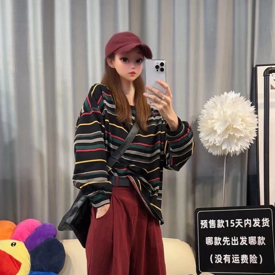 【文乐乐】秋季新款个性彩色条纹时尚休闲潮流百搭圆领卫衣53210