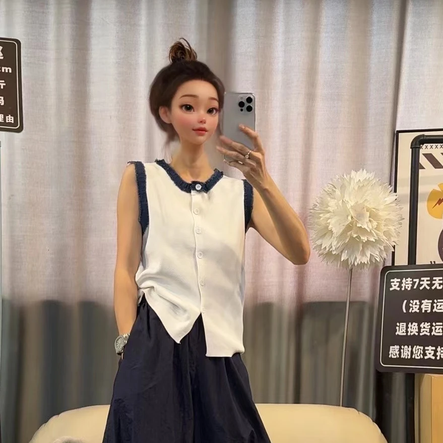 【文乐乐】夏季新款洋气个性拼接牛仔边时尚休闲潮流针织背心3655