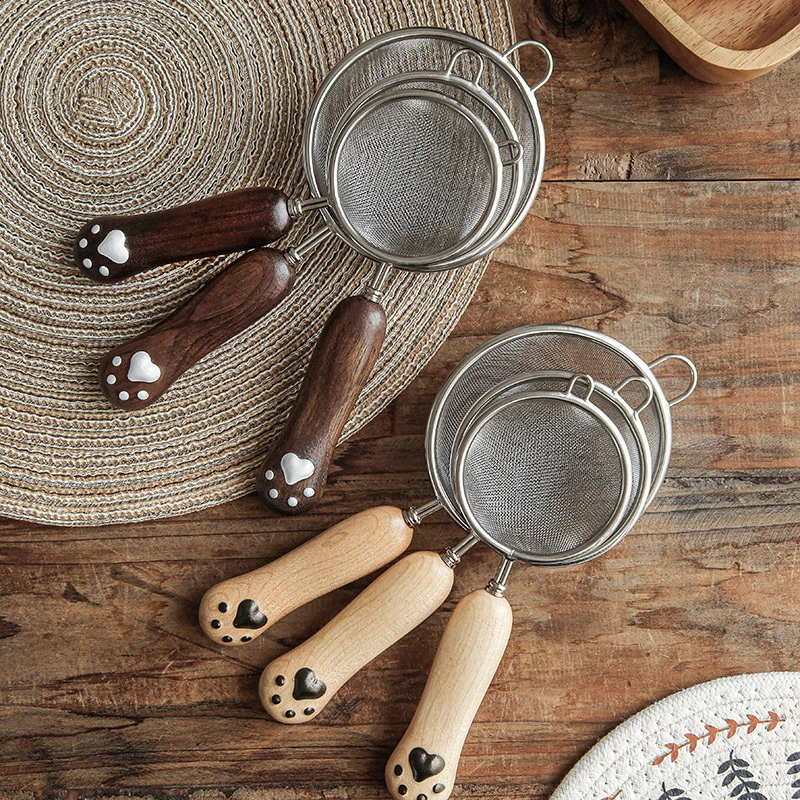 新款304钢胡桃木猫爪加厚网漏勺厨房家用细网漏防滑过滤面粉网筛