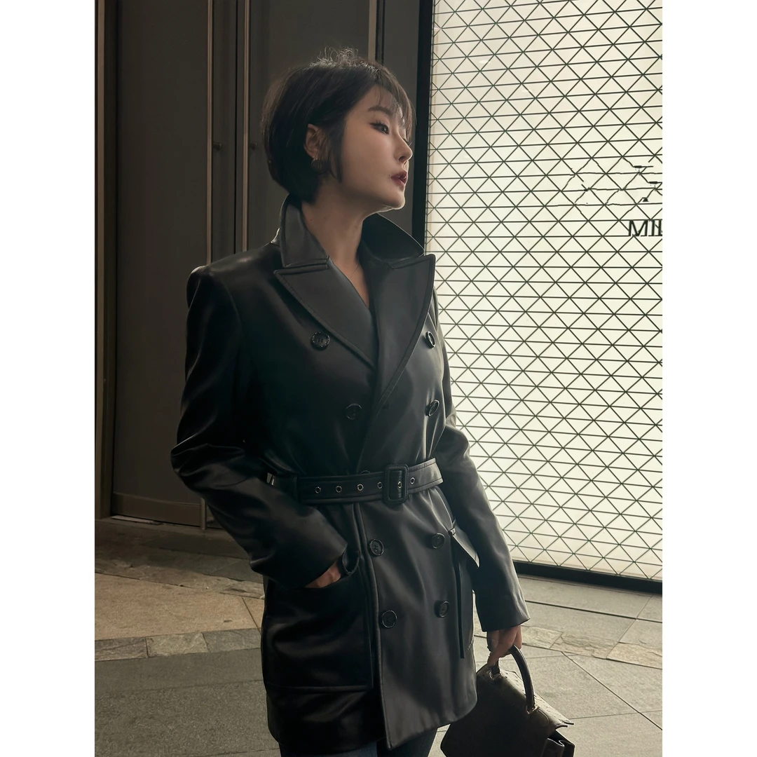 【杀手皮衣】罗兰私服24秋冬柜款蛋白皮复古美式老钱风双排扣皮风衣