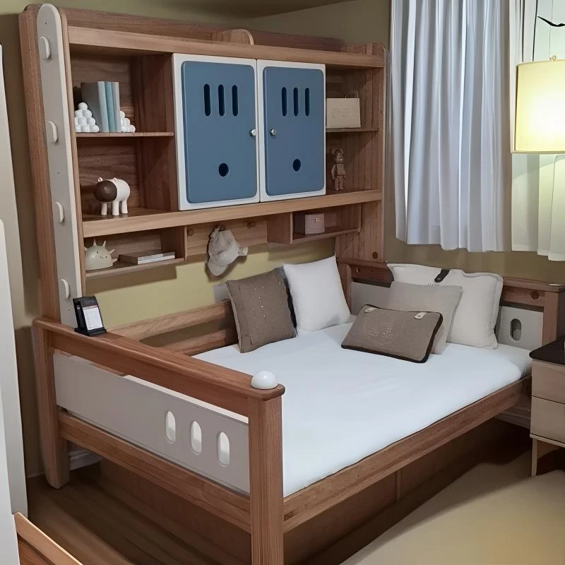 简约女孩双人榻榻米单人北欧大床全实木儿童组合衣柜床实木床书架