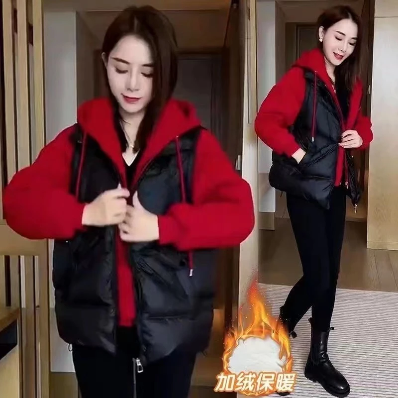 网红爆款假两件棉服女短款2025冬季时尚连帽棉衣加厚保暖棉袄外套