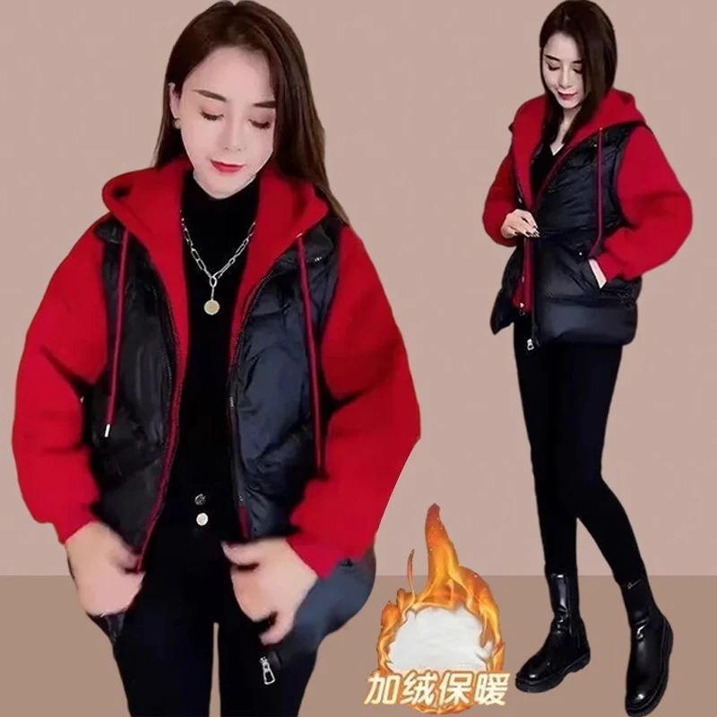 2025冬季设计感假两件棉服夹棉外套女小个子新款爆款加厚连帽棉衣