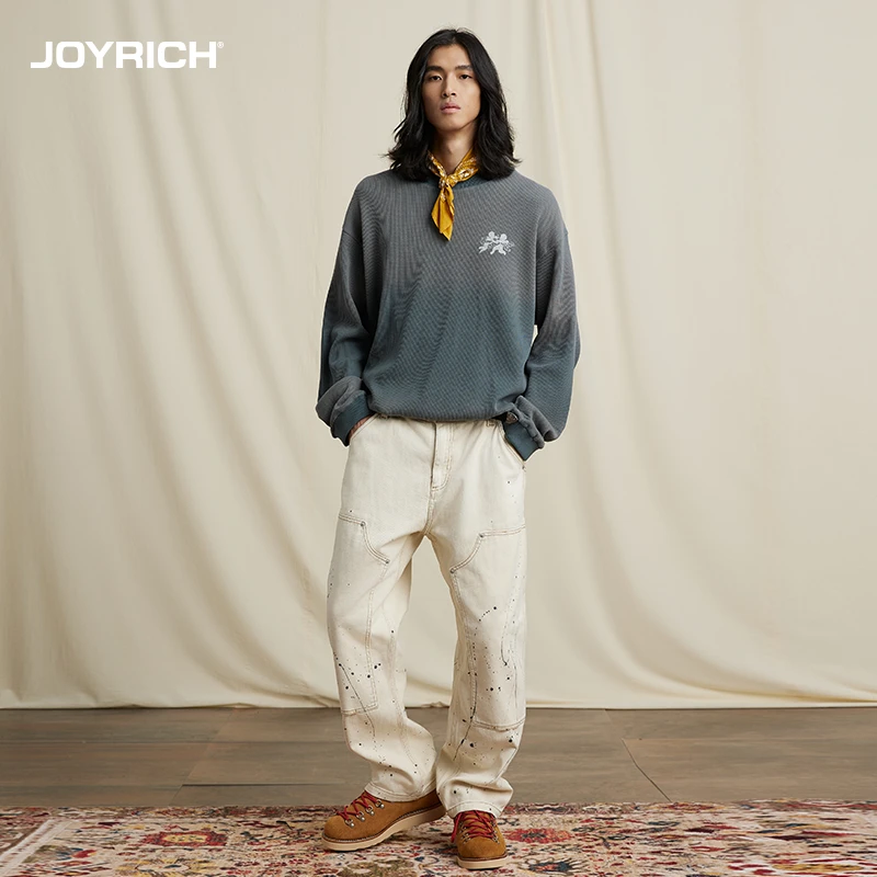 JOYRICH 复古渐变华夫格天使印花长袖T 早秋新款圆领宽松上衣男女