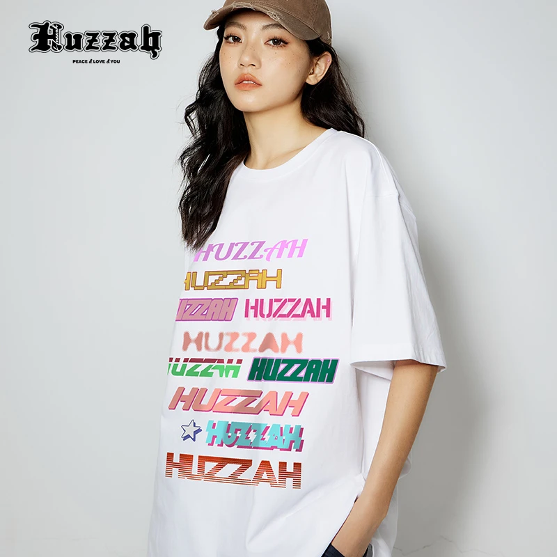 HUZZAH幻彩字母国潮个性LOGO上衣美式短袖圆领休闲男女同款TEE恤