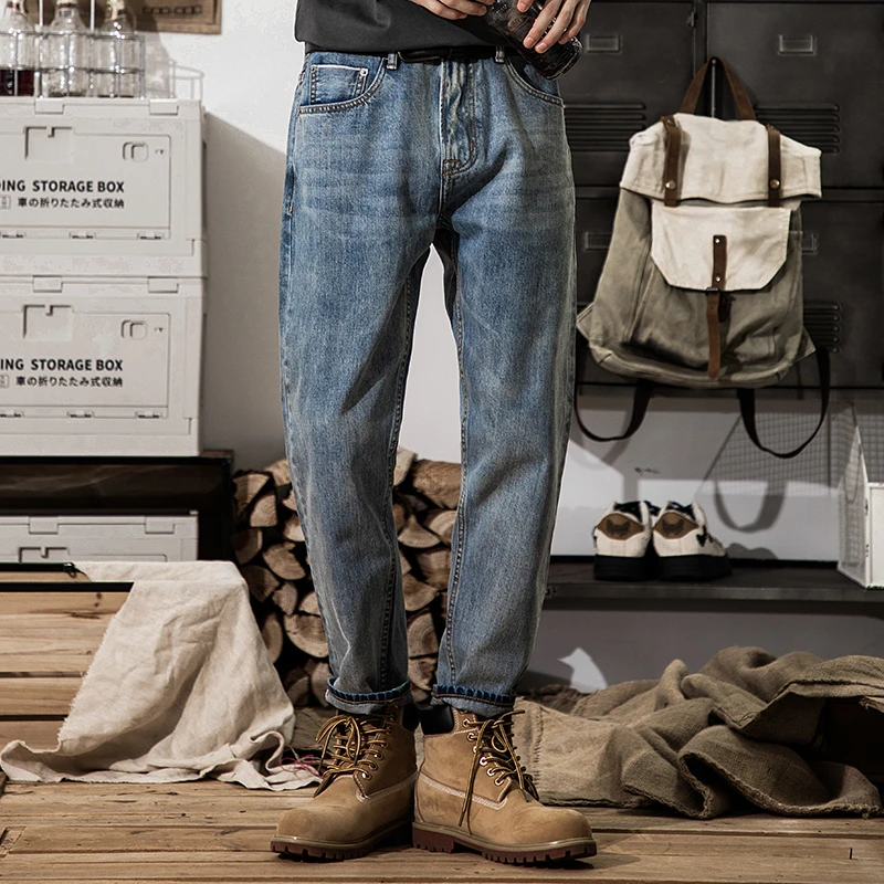 2025年新款猫须工艺牛仔裤男石磨水洗复古直筒宽松休闲冬季九分裤