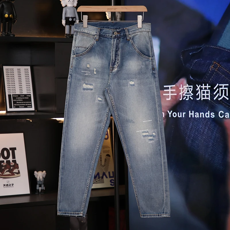 水洗港风做旧弹力直筒宽松休闲九分裤赤耳丹宁牛仔裤男破洞小脚裤