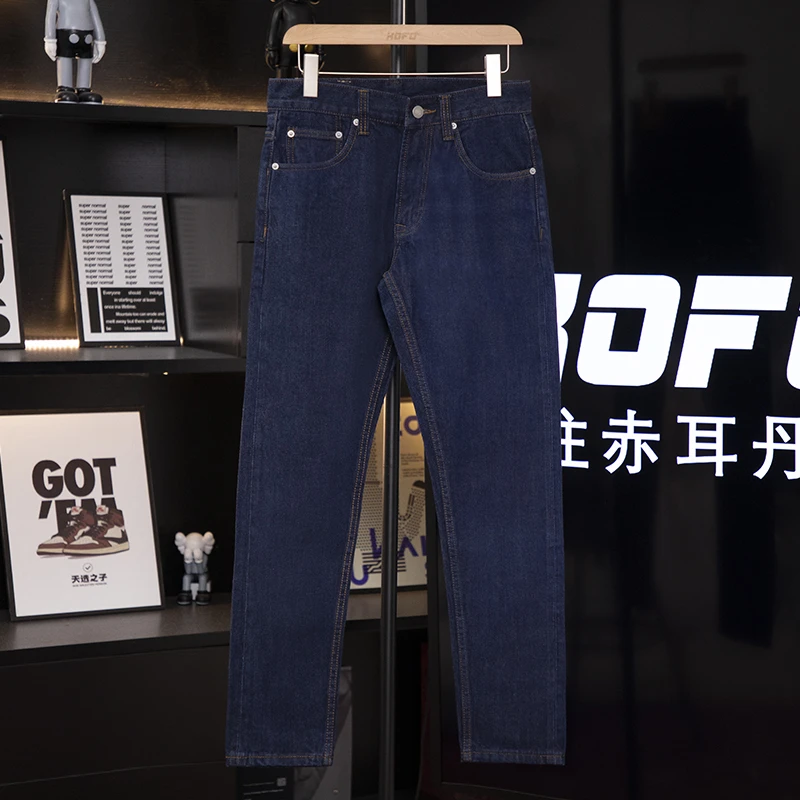 休闲小脚长裤冬款蓝色水洗宽松直筒赤耳丹宁九分牛仔裤男装155