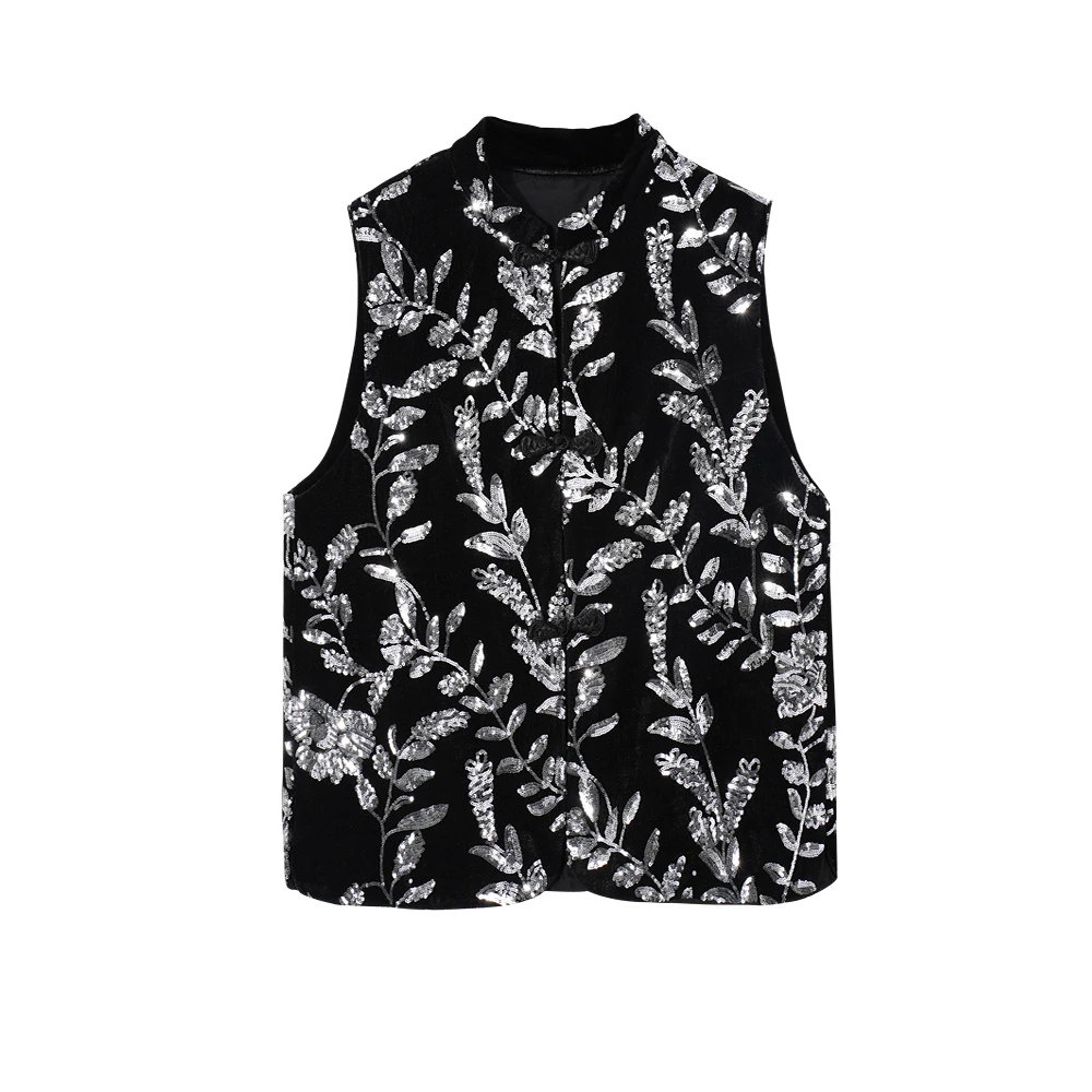 【七老板】F2690：新中式国风盘扣马甲印花宽松马夹潮流