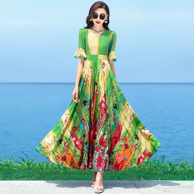 夏季V领显瘦新款超长花色雪纺大摆连衣裙女收腰度假沙滩长裙子
