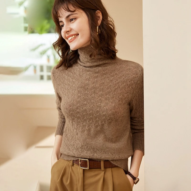 绒匠秋冬款扇形镂空山羊绒堆堆领女 韩版百搭高领毛衣针织打底衫
